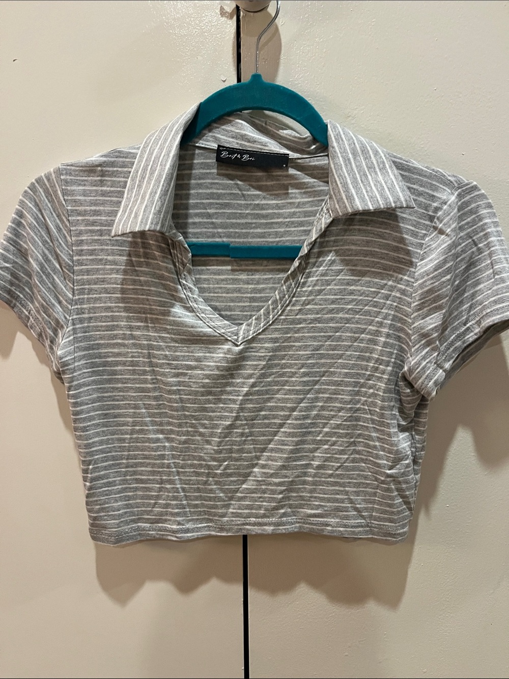 Gray Striped Collared V-Neck Crop Top